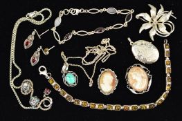 NINE ITEMS OF SILVER AND WHITE METAL JEWELLERY to include a pair of garnet and marcasite drop