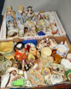 TWO BOXES OF ORNAMENTS, JUGS, FIGURINES ETC, to include Royal Doulton 'The Paisley Shawl' M4 (head