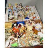 TWO BOXES OF ORNAMENTS, JUGS, FIGURINES ETC, to include Royal Doulton 'The Paisley Shawl' M4 (head