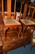 A GEORGIAN MAHOGANY SQUARE TOPPED GATE LEG TABLE, six 20th Century splat back chairs with drop in