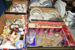 FIVE BOXES AND LOOSE CERAMICS, GLASS, etc, to include Poole 'Argosy' dinnerwares, Wade, Royal