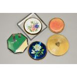 FIVE VINTAGE COMPACTS to include two floral Stratton compacts, one with maker's pouch and box, a