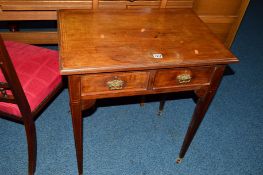 AN EDWARDIAN MAHOGANY AND INLAID SIDE TABLE with two drawers