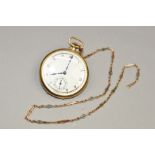 A 9CT GOLD SWISS FIFTEEN JEWEL POCKET WATCH, (approximate weight 43 grams), on a 9ct chain (