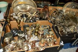 THREE BOXES OF PLATED WARES ETC, to include candelabras, trays, cutlery, brass candlesticks, etc