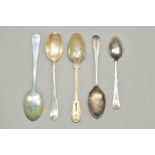 FIVE ASSORTED SILVER TEASPOONS including a Victorian Fiddle and Thread pattern example, London 1838,