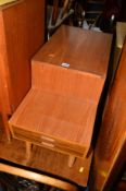 A PETER HAYWARD FOR VANSON TEAK 1960'S STEPPED SEWING BOX with a hinged top, two drawers and