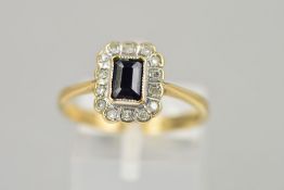A MODERN 9CT GOLD SAPPHIRE AND DIAMOND RECTANGULAR SHAPED CLUSTER RING, estimated total eight cut