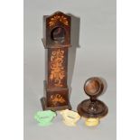 A LATE VICTORIAN TREEN POCKET WATCH STAND, another in the form of a miniature longcase clock with