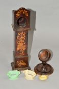A LATE VICTORIAN TREEN POCKET WATCH STAND, another in the form of a miniature longcase clock with