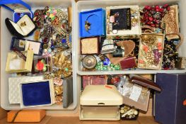 A BOX OF MAINLY COSTUME JEWELLERY to include brooches, necklaces, dress studs, watches, etc