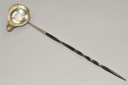 A GEORGE III PUNCH LADLE, the bowl with inscription and set with a Georgian coin, twisted handle,