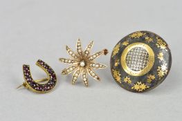 THREE BROOCHES, the first a late 19th Century tortoiseshell pique brooch of circular outline with