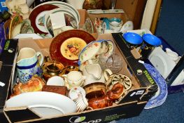 FOUR BOXES AND LOOSE CERAMICS, GLASS, etc to include Foley part teaset, Royal Vale teaset, three