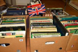 SEVEN BOXES OF BOOKS, to include four boxes relating to locomotives etc