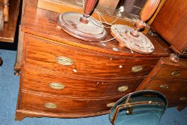 A GEORGIAN MAHOGANY BOWFRONT CHEST OF THREE LONG DRAWERS on bracket feet, approximate width 105cm