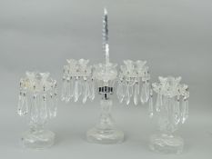 A GARNITURE OF CUT GLASS LUSTRES, (some lustres loose), approximate height of tallest 49cm (3)