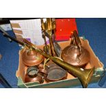 VARIOUS COPPER AND BRASS ITEMS, to include two copper kettles, brass companion set, brass coaching