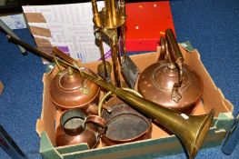 VARIOUS COPPER AND BRASS ITEMS, to include two copper kettles, brass companion set, brass coaching