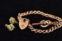 A BRACELET, BROOCH AND PAIR OF EARRINGS, the curb link bracelet with a heart padlock clasp and
