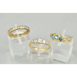 THREE 9CT GOLD RINGS, the first collet set with five graduated cubic zirconias, ring size L1/2,