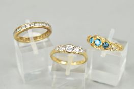 THREE 9CT GOLD RINGS, the first collet set with five graduated cubic zirconias, ring size L1/2,