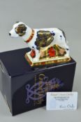 A BOXED LIMITED EDITION ROYAL CROWN DERBY PAPERWEIGHT, 'Imari Staffordshire Bull Terrier', No 336 of