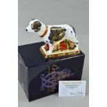 A BOXED LIMITED EDITION ROYAL CROWN DERBY PAPERWEIGHT, 'Imari Staffordshire Bull Terrier', No 336 of