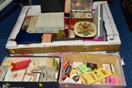 THREE BOXES OF SUNDRY ITEMS, to include cigarette cards, match boxes, playing cards, dominoes etc