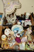 TWO BOXES OF CERAMICS, CUTLERY, BINOCULARS, etc to include small boxed Merrythought 'Hope Bear',