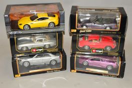 SIX BOXED DIE-CAST CARS, to include Burago, Hot Wheels etc