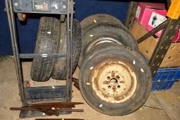 SIX VINTAGE CAR WHEELS with tyres, a Black & Decker sack truck and a small quantity of metal