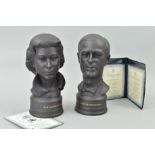 A BOXED SET OF TWO LIMITED EDITION BLACK BALSALT BUSTS BY WEDGWOOD, 'HM Queen Elizabeth II' and 'HRH