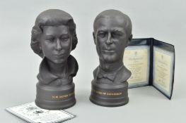 A BOXED SET OF TWO LIMITED EDITION BLACK BALSALT BUSTS BY WEDGWOOD, 'HM Queen Elizabeth II' and 'HRH