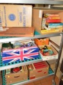 SIX BOXES AND LOOSE GAMES, BOOKS, NEEDLEWORK ITEMS, etc to include boxed 'Shove Ha'Penny Board',