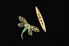 TWO BROOCHES to include a small modern emerald set dragonfly, filigree pierced wings, measuring
