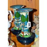 A PAIR OF FOLEY INTARSIO VASES, model No 3469, watermill landscape, printed factory marks to base,