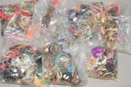 SEVEN BAGS OF MIXED COSTUME JEWELLERY etc