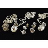 FIVE ITEMS OF BLOSSOM COPENHAGEN DANISH JEWELLERY to include a cultured pearl pendant, a bird cage
