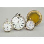 THREE POCKET WATCHES AND A POCKET WATCH CASE, the first a late Victorian silver pocket watch with