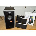 A SAMSUNG SURROUND SYSTEM to include a subwoofer, five speakers and a boxed Sony 2X22OBT wireless