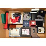 A BOX OF BOXED AND LOOSE MODERN GIFTWARE AND SILVER, etc, including boxed Dunhill lighter, a