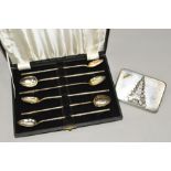 A CASED SET OF SIX CHINESE SPOONS AND A CIGARETTE CASE, the cocktail spoons with long handles of