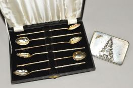 A CASED SET OF SIX CHINESE SPOONS AND A CIGARETTE CASE, the cocktail spoons with long handles of