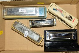 FIVE VARIOUS HARMONICAS, to include 'The Bandmaster DeLuxe Chromatic', Hohner 'Big River Harp', '