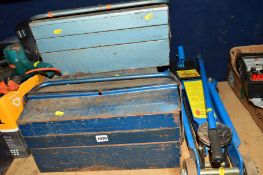 TWO METAL AND ONE WOODEN TOOL BOXES including various tools and a Master Mechanic two ton