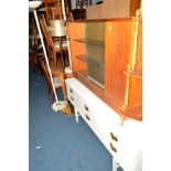 A TEAK GLAZED BOOKCASE, a modern dressing table, a yewwood what not and three standard lamps (6)