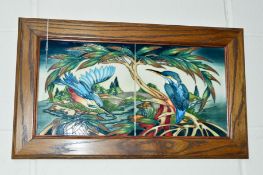 TWO MOORCROFT POTTERY TILES FRAMED AS ONE, Kingfisher's, near river and bridge, impressed and