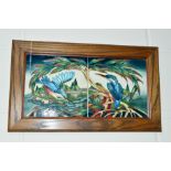 TWO MOORCROFT POTTERY TILES FRAMED AS ONE, Kingfisher's, near river and bridge, impressed and