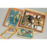 FOUR SMALL PORTABLE TABLETOP JEWELLERY CABINETS AND COSTUME JEWELLERY to include necklaces, bangles,